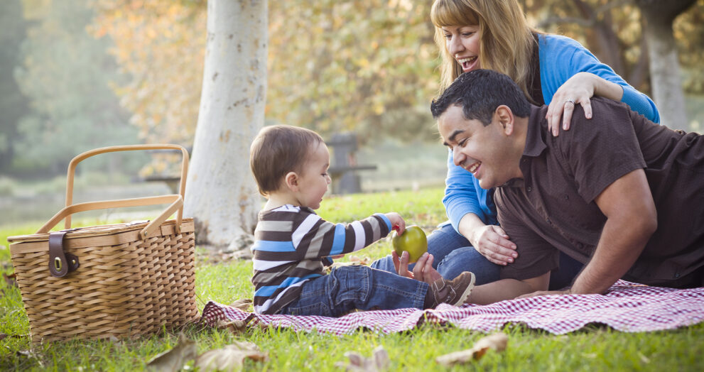 Happy Young Family Having a Picnic In The Park.
